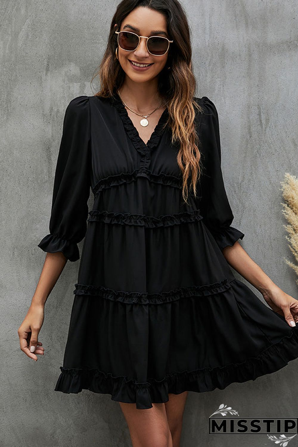 Myosotis Puff Sleeve V Neck Ruffled Loose Denim Mini Dress