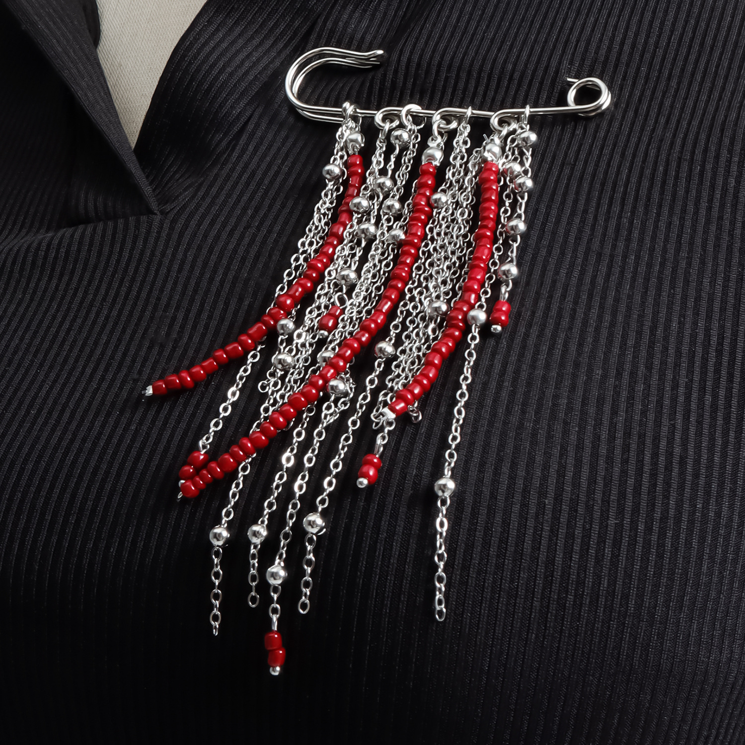European and American style vintage red bead tassel brooch niche design metal multi-chain brooch clothing accessories