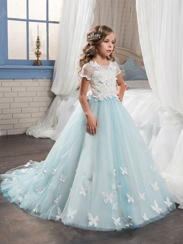 Oknass Ball Gown Short Sleeve Jewel Neck Flower Girl Dresses Tulle Cotton With Lace  Embroidery  Appliques