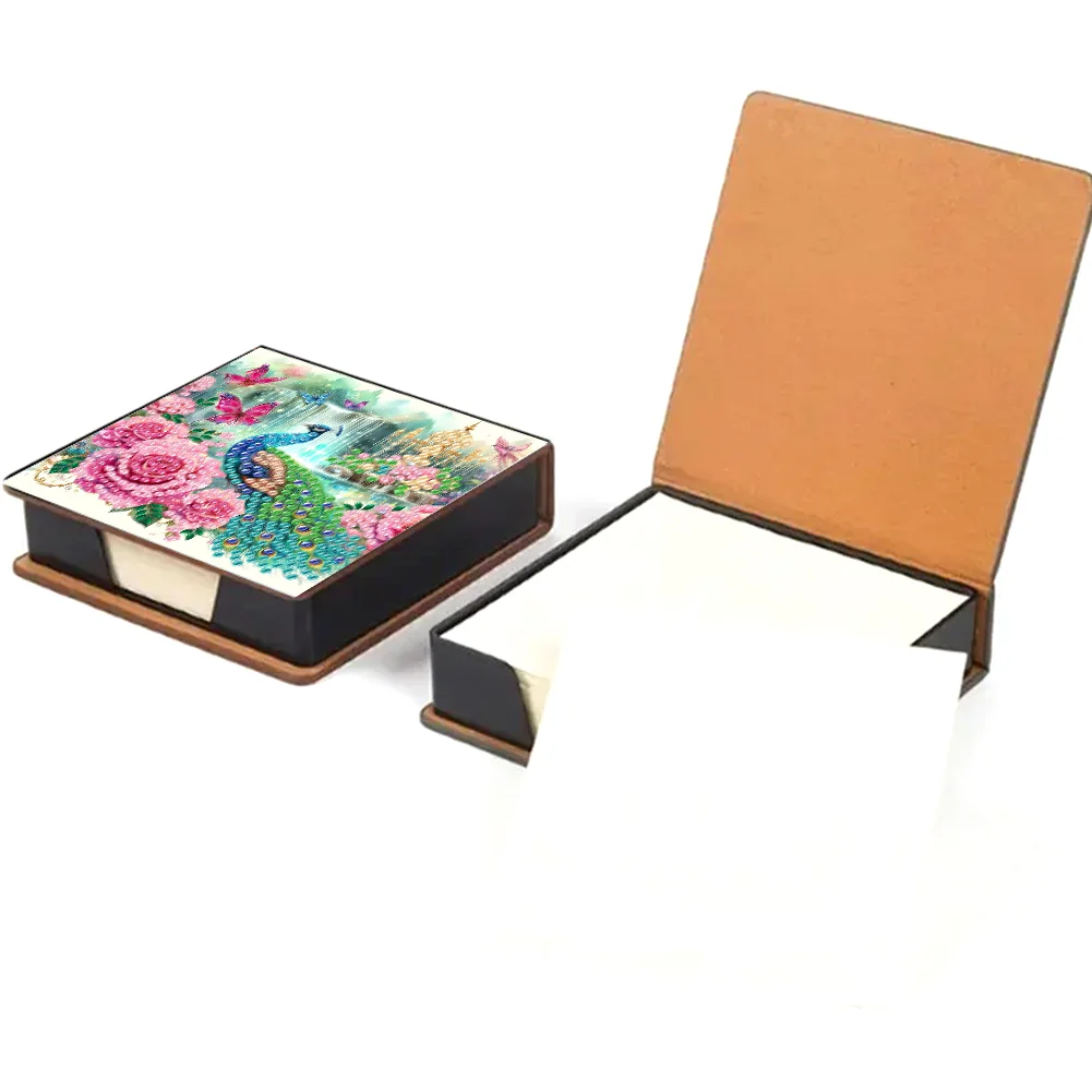 DIY Flower Peacock Leather Diamond Art Note Box with 160 Sheets of Paper for Beginners