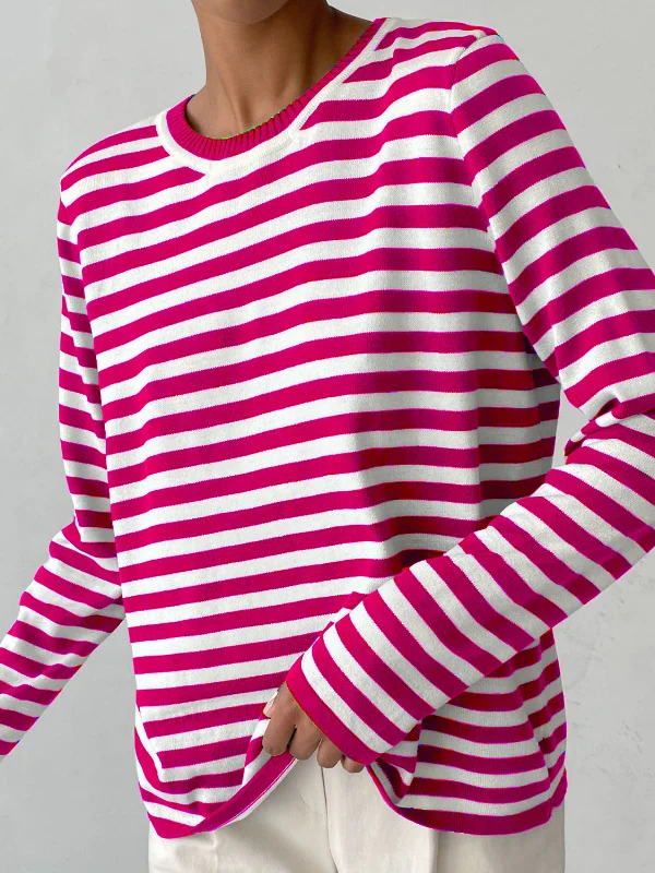 Long Sleeves Loose Contrast Color Split-Joint Striped Lapel Pullovers Sweater Tops