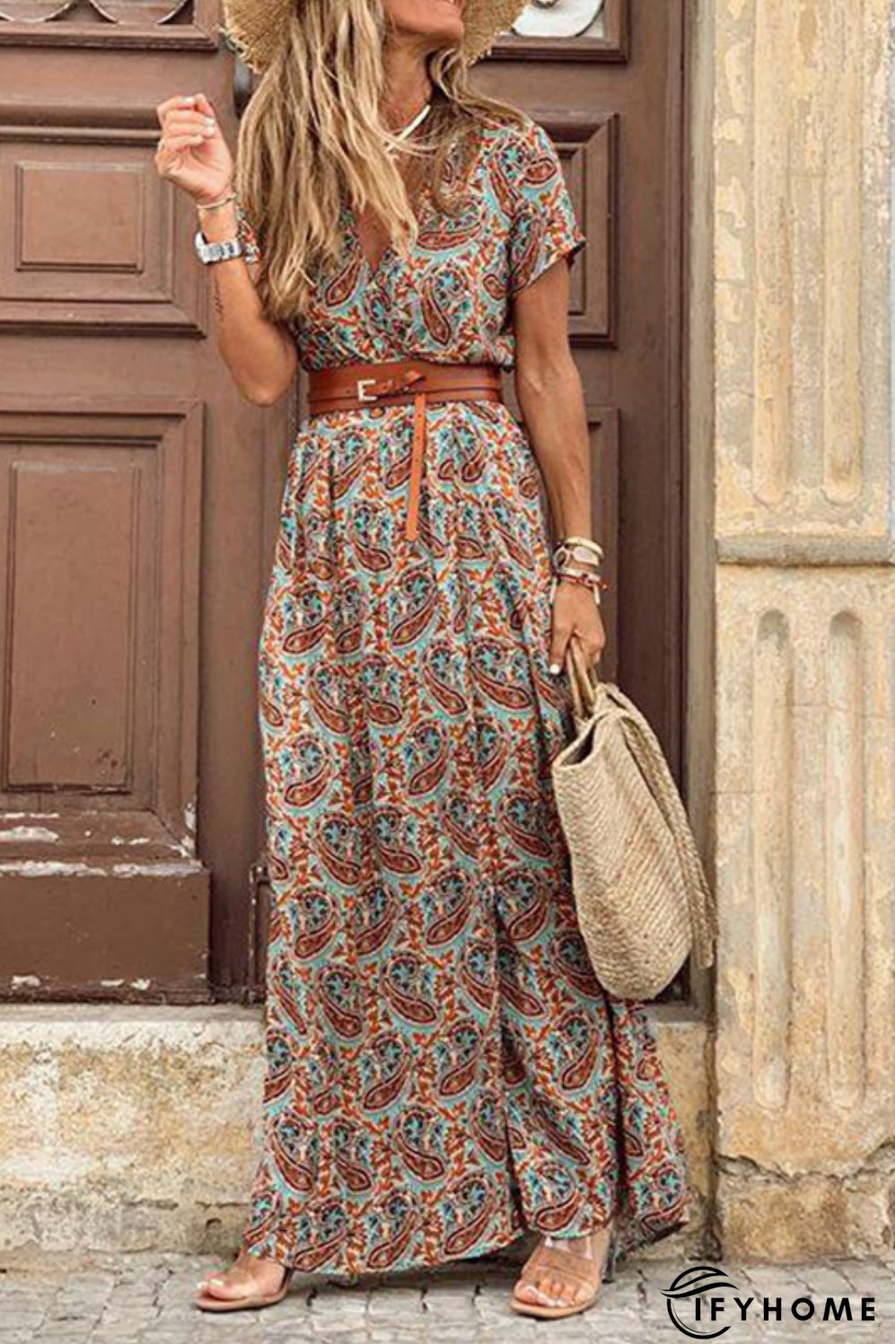 Boho Floral Print V Neck Short Sleeve Maxi Party Dress | IFYHOME