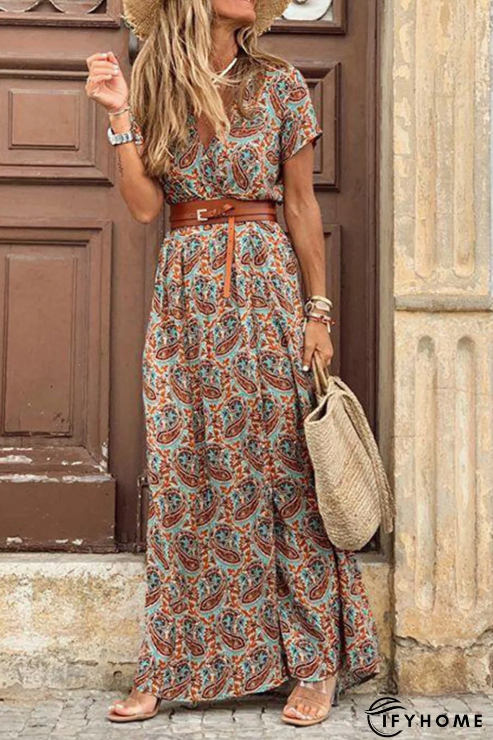 Boho Floral Print V Neck Short Sleeve Maxi Party Dress | IFYHOME