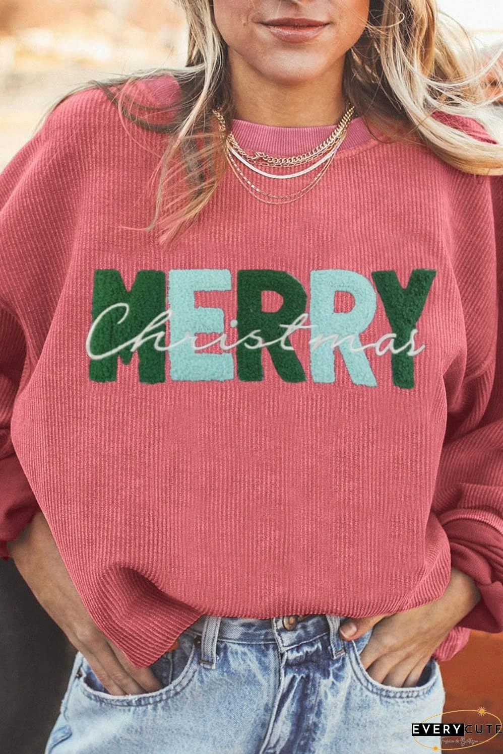 Strawberry Pink Merry Christmas Chenille Embroidered Corded Sweatshirt with Graphic Detail