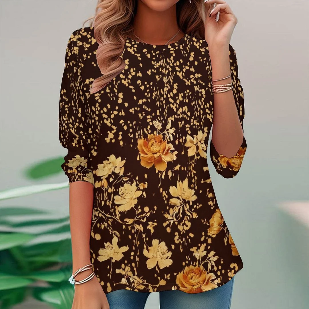 Vintage Printed Long Sleeve Plus Size Tunic for  Women and Men Unisex Pattern Black,Khaki,Floral