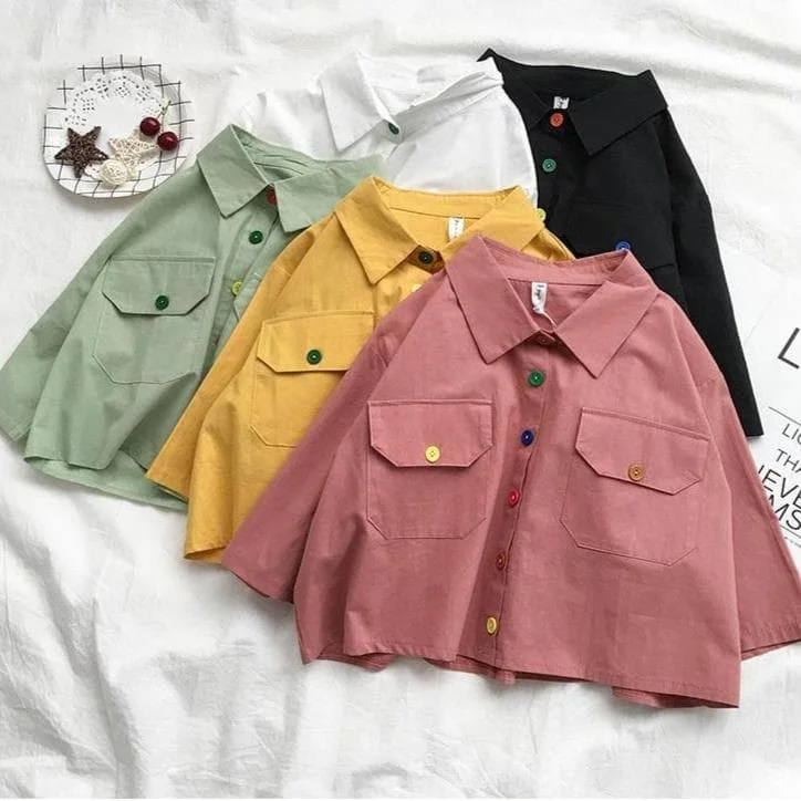 Harajuku Collar Crop Shirt Cute Button Short Blouse SP15088