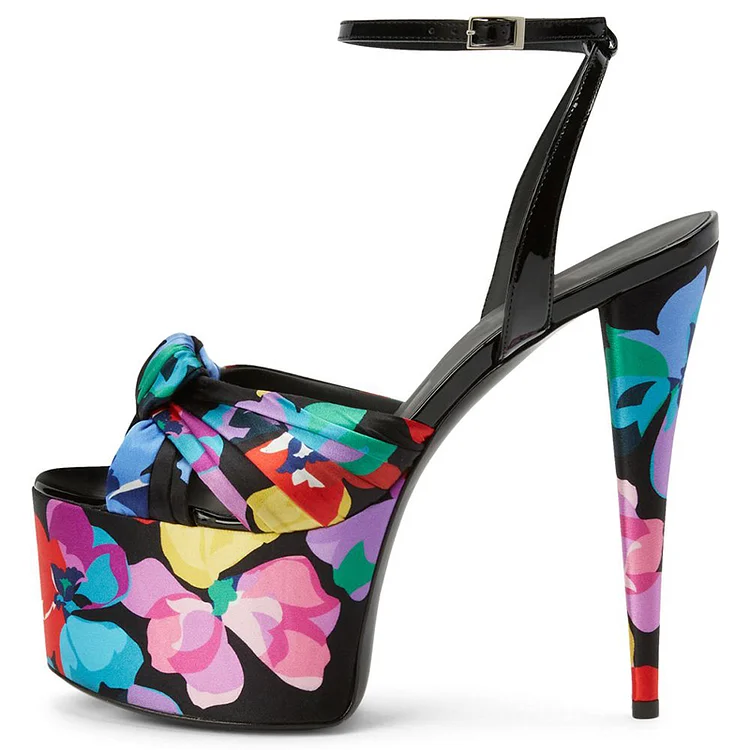 Black Open Toe Platform Sandal Women'S Ankle Strap Stiletto Heels Flower Print Shoes |FSJ Shoes