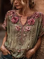 Women's Bohemian Rose Embroidery Pink Green Crew Neck Short Sleeve Top