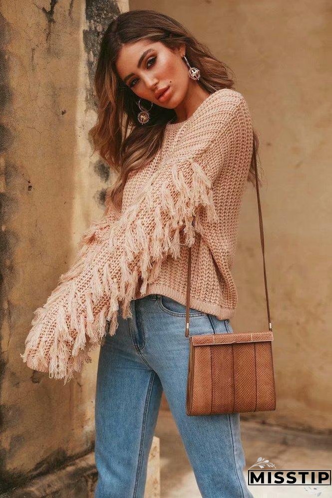 Solid Color Round Neck Long Sleeve Tassel Sweater