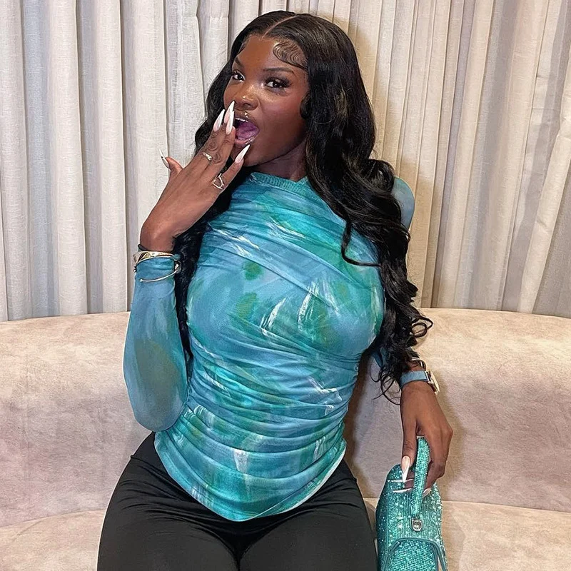 Uveng Uveng Women's Autumn And Winter Cross-Neck Folding Folding Waist Dyed Printing Mesh Yarn T-Shirt