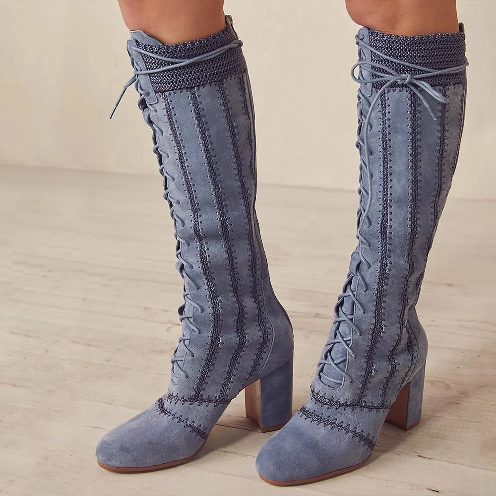 Blue Faux Suede Round Toe Knee High Lace Up Boots with Block Heels Nicepairs
