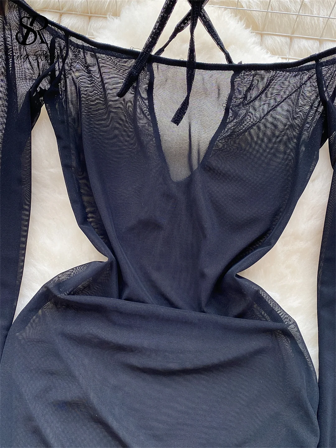 Uaang 2023 Sheer Mesh Mini Dress Women Halter Lace Up Drawstring Long Sleeved Backless Streetwear Hollow Out Sexy Bodydress