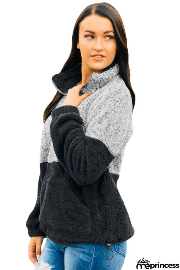 Color Block Zip High Neck Fleece Sweatshirt
