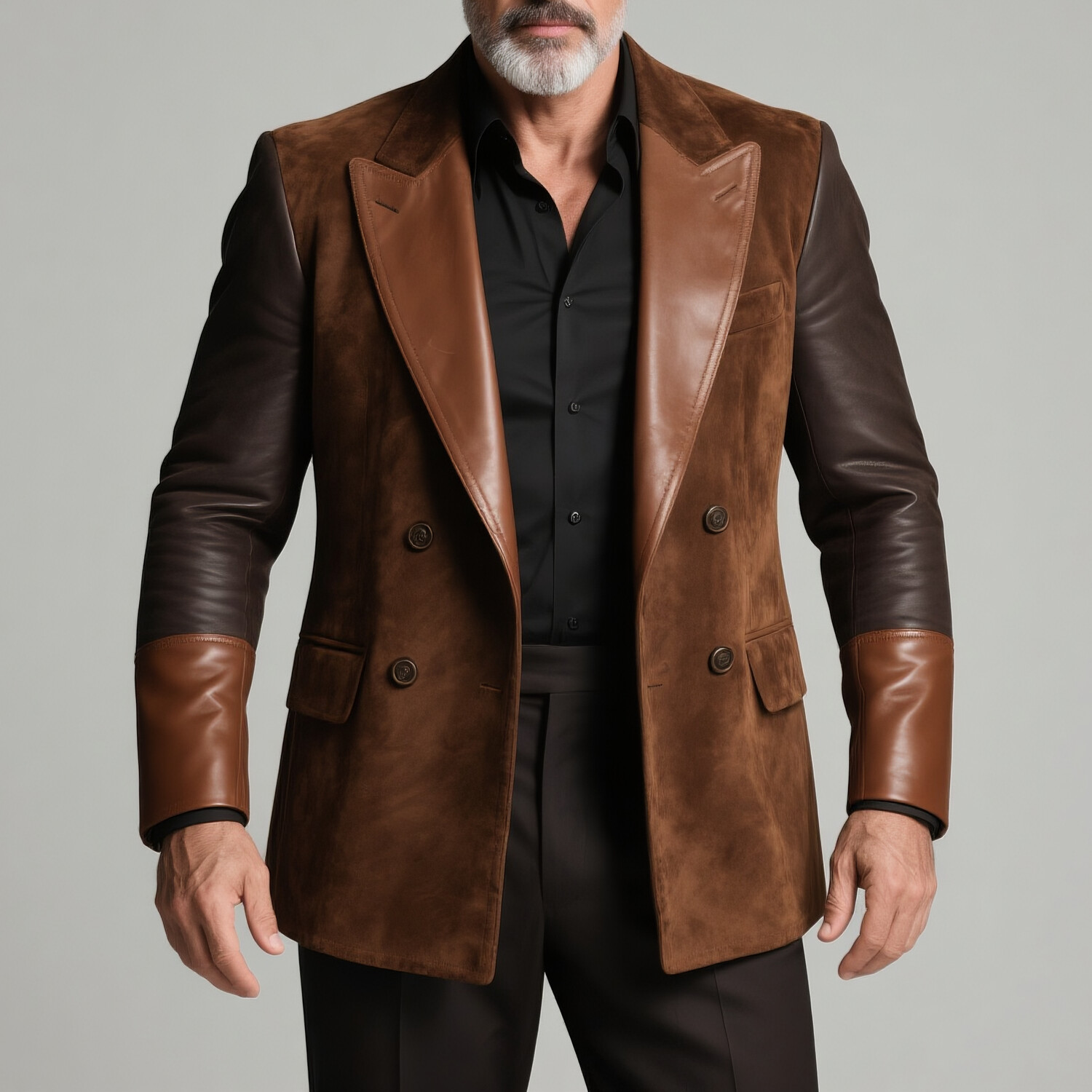 Men's PU Patchwork Peaked Lapel Long Sleeve Double Breasted Suede Blazer