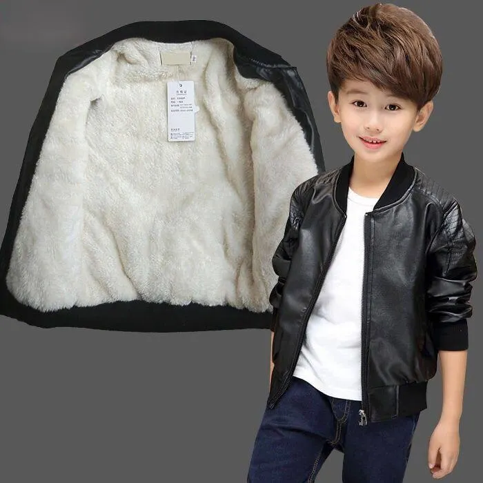 INS hot Baby Boys PU Jackets 1-13 year old Threaded round neck jacket autumn and winter plus velvet thickening all season