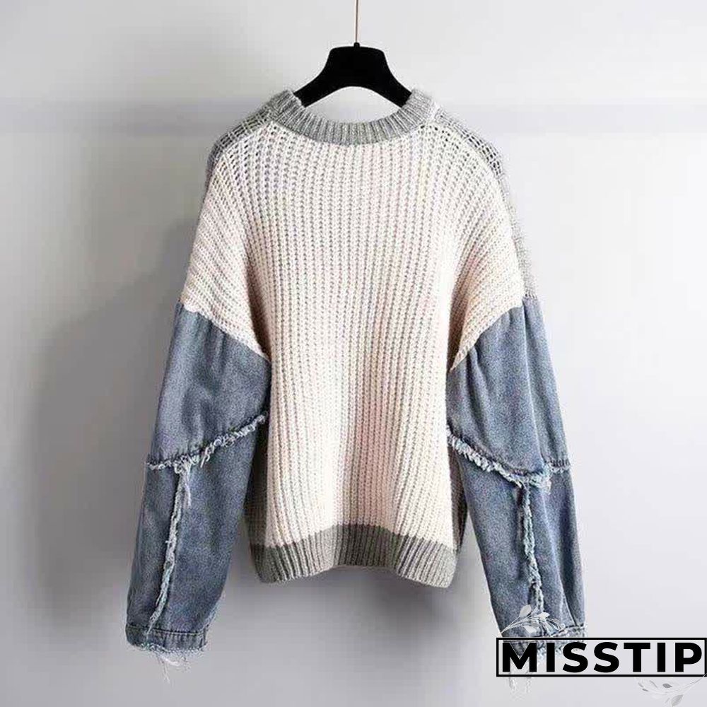 Denim Sleeve Colorblock Loose Round Collar Sweater
