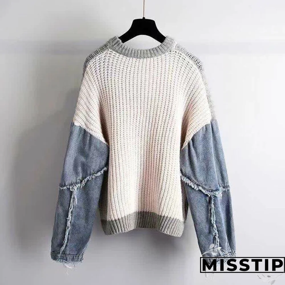 Denim Sleeve Colorblock Loose Round Collar Sweater
