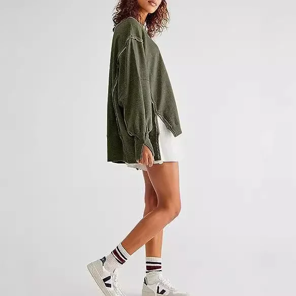 Nigikala Nigikala Women's Clothing 2025 Autumn And Winter New Women's Large Round-Neck Sweatshirt Side Open Fork Long-Sleeved Sweater