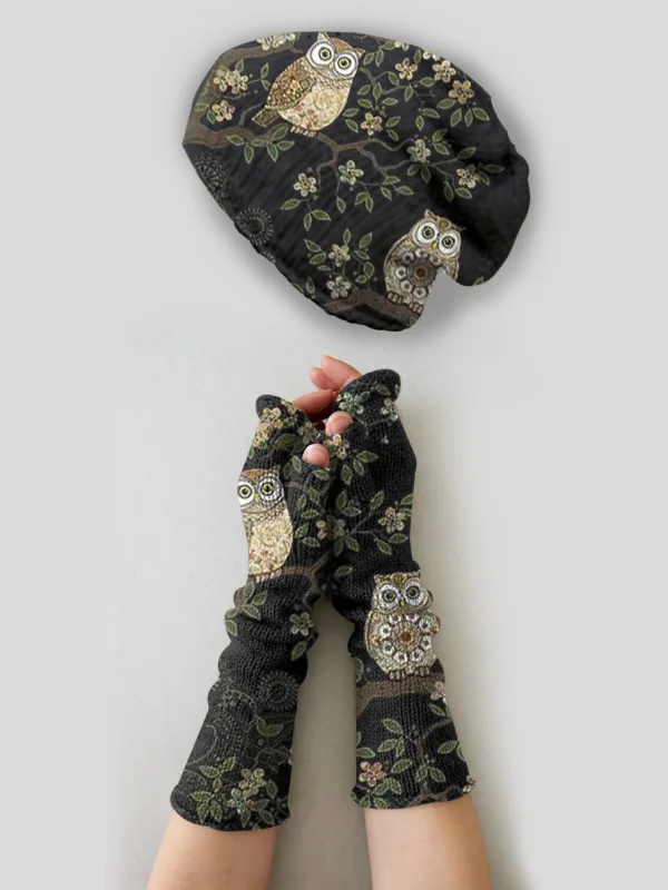 （Ship within 24 hours）Vintage owl print knitted hat + fingerless gloves set