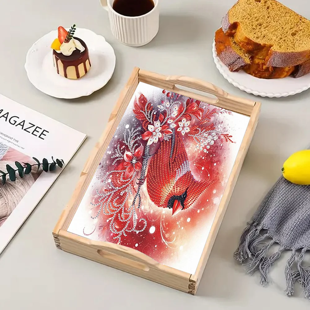 5D DIY Cardinal Diamond Painting Wooden Serving Tray with Handle for Desk