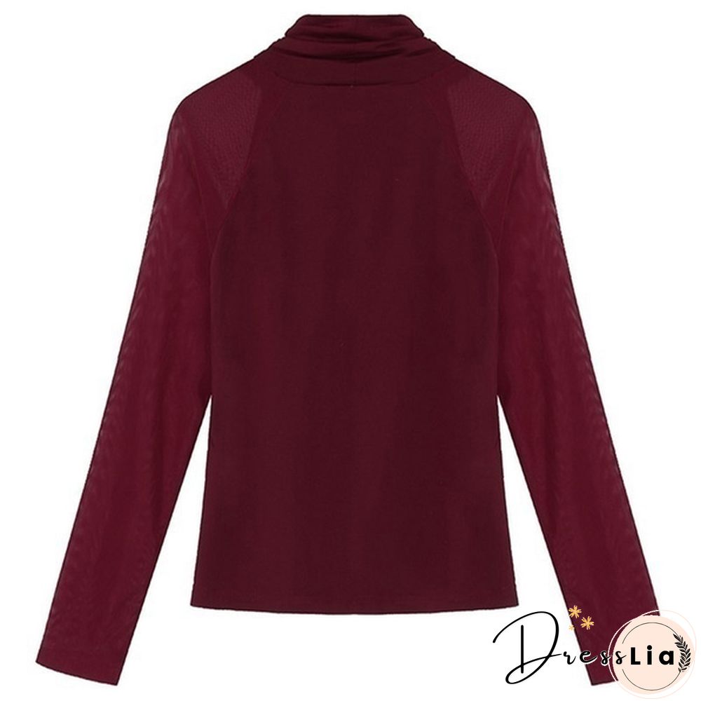 New Fashion Lady Blouse Lace Mesh Turtleneck Long Sleeves Slim Thin Patchwork Spring and Autum Shirt
