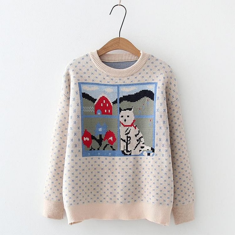 Kitty Cartoon Knitted Loose Sweater - Modakawa Modakawa