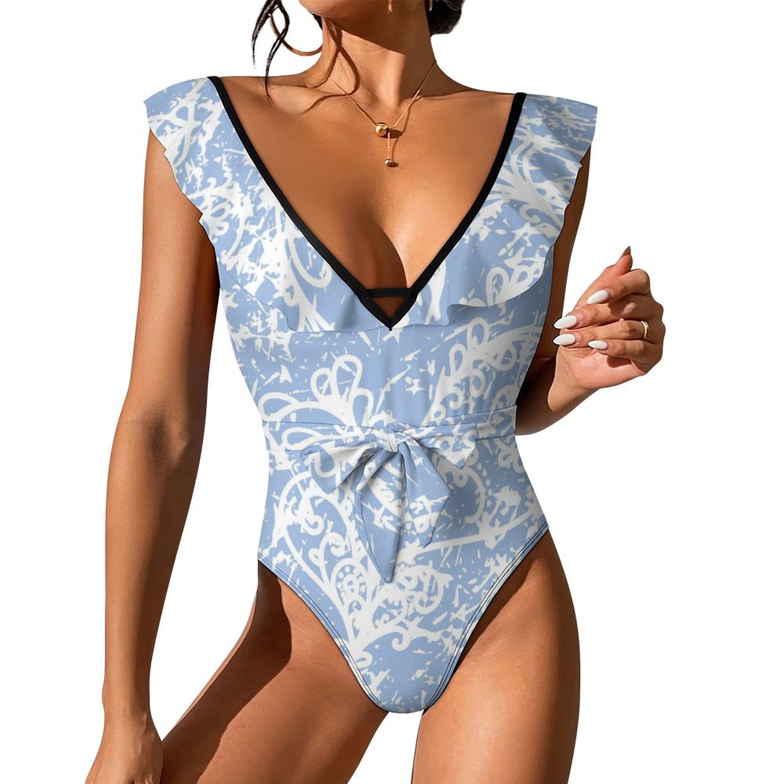Women's Blue Pattern One Piece Swimsuits Sexy V Neck Bathing Suit