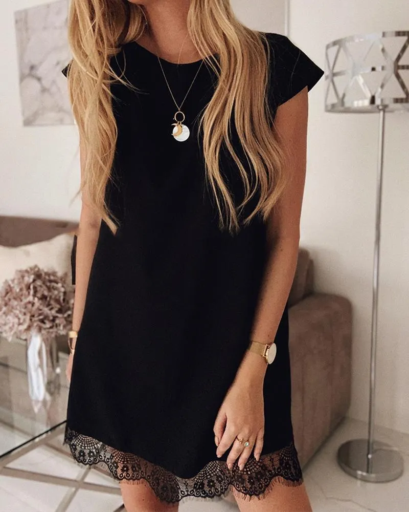 Solid Short Sleeve Lace Patchwork Mini Dress P15271