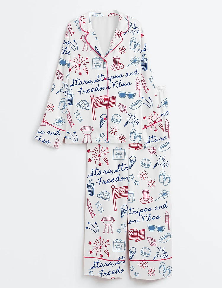 Women&rsquo;s Stars Stripes And Freedom Vibes 4th Of July Patriotic America Print Long Sleeve Satin Pajama Set