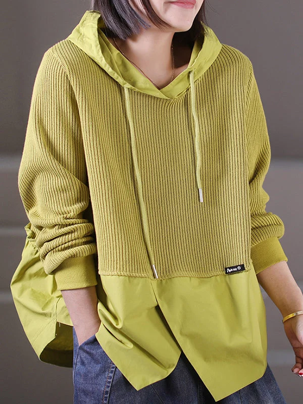 Hooded Long Sleeves Drawstring Split-Front Split-Joint Hoodies Tops