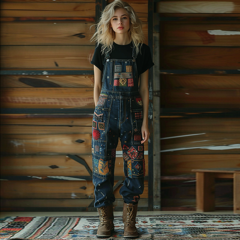 Vintage Geometric Color Block Art Jeans Jumpsuit
