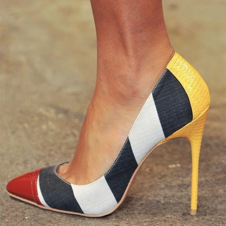 Multi-color Stripes Stiletto Heels Pointy Toe Pumps |FSJ Shoes