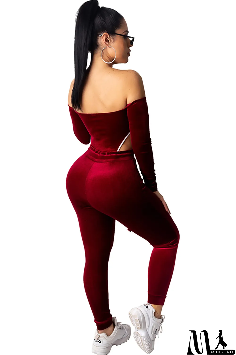 MidiSono - purple Polyester Sexy Solid Two Piece Suits pencil Long Sleeve Two-piece Pants Set