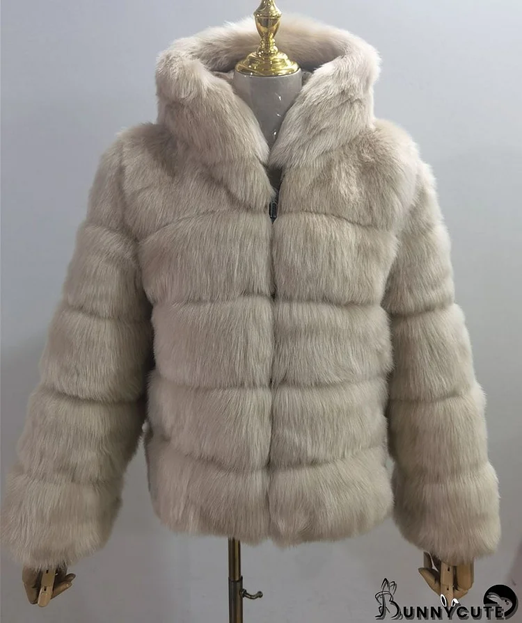 Women Faux Fox Fur With Hood Long Sleeve Jacket