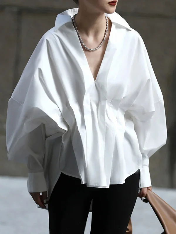 Original Creation Long Sleeves Loose Pleated Solid Color Lapel Collar Blouses&Shirts Tops