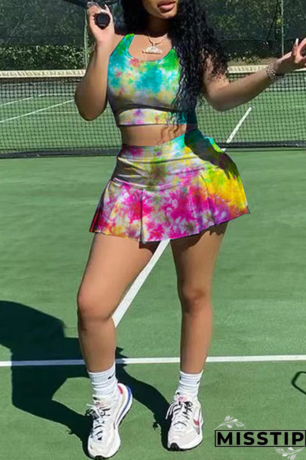 Green Yellow Sexy Casual Print Tie Dye Vests U Neck Sleeveless Two Pieces