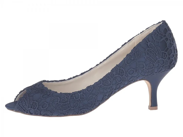 Navy Lace Heels Peep Toe Kitten Heel Pumps for Bridesmaid |FSJ Shoes