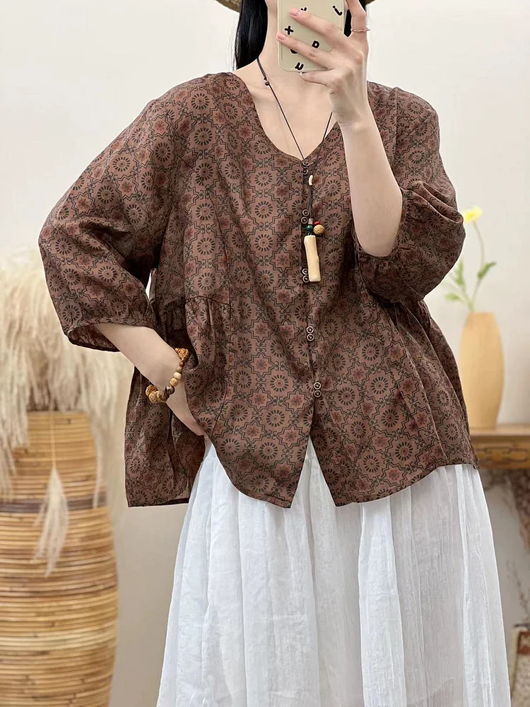 Women Summer Vintage V-neck Button Ramie Shirt