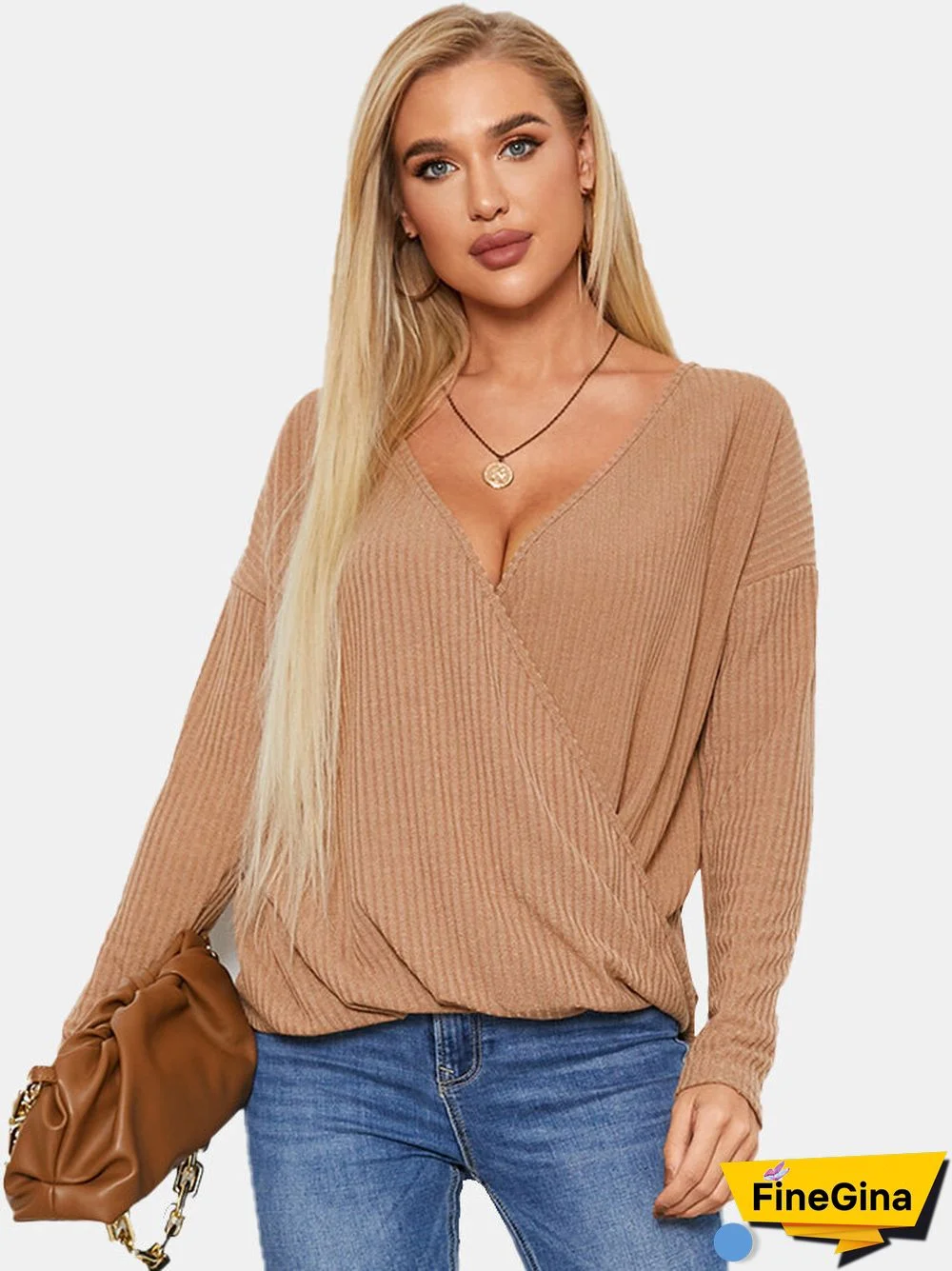 Solid Ribbed Cross Wrap V-neck Long Sleeve Loose Casual T-shirt