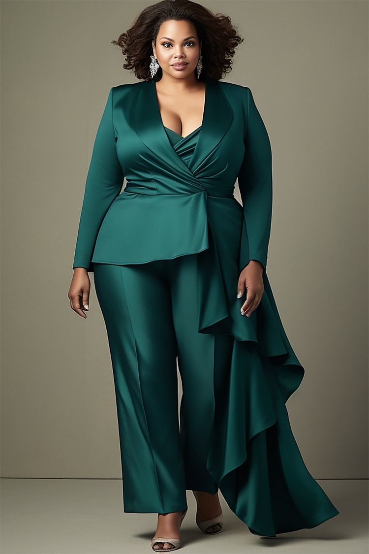 Xpluswear Design Plus Size Mother Of The Bride Elegant Green Wrap Neck Long Sleeve Asymmetric Hem Satin Two Piece Pant Sets [Pre-Order]