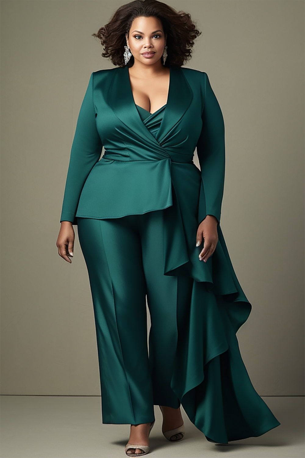 Design Plus Size Mother Of The Bride Elegant Green Wrap Neck Long Sleeve Asymmetric Hem Satin Two Piece Pant Sets [Pre-Order]