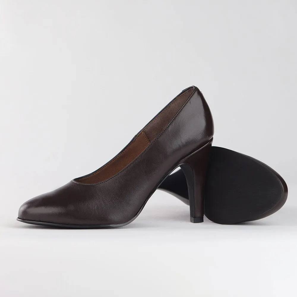 Brown Vegan Leather Round Toe Chunky Heel Slip-On Pumps for Women