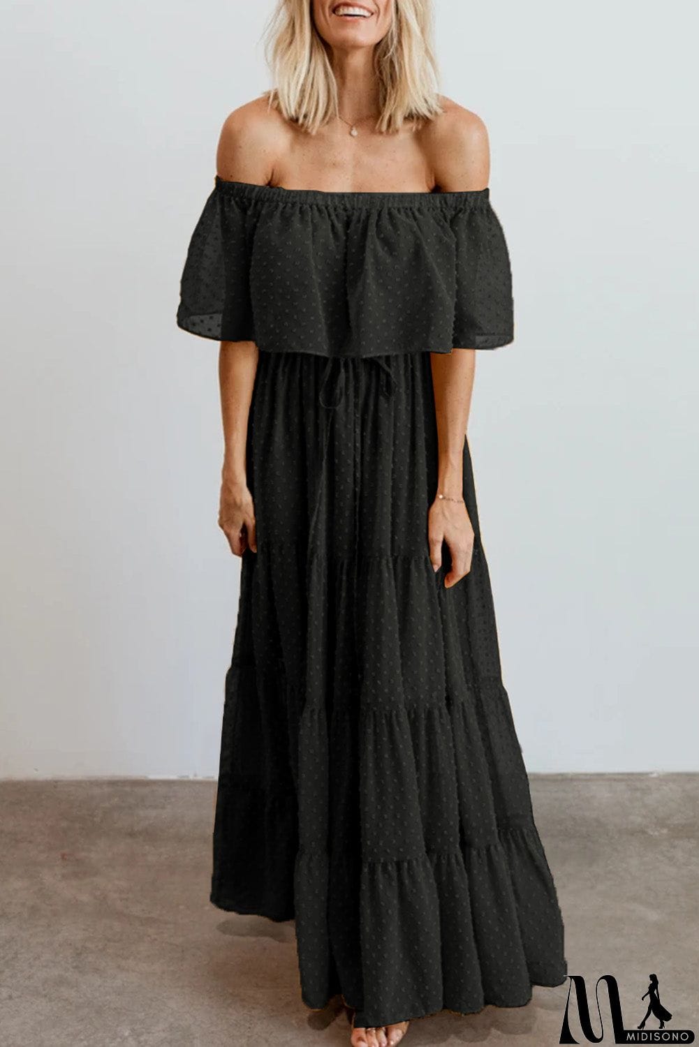 MidiSono - Rust Red Off Shoulder Ruffle Swiss Dot Maxi Dress