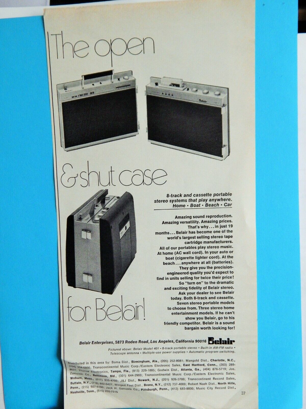 BELAIR 8 TRACK & CASSETTE PORTABLE STEREO SYSTEMS ORIG. VTG 1966 Photo Poster painting AD,