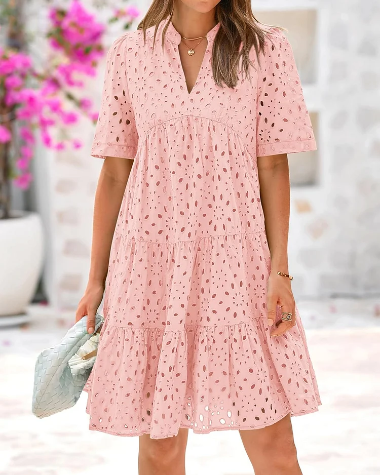 ⏰Hot Sale-Women's Elegant Hollow Out Lace Ruffle Casual Mini Dress(BUY 2 FREE SHIPPING)