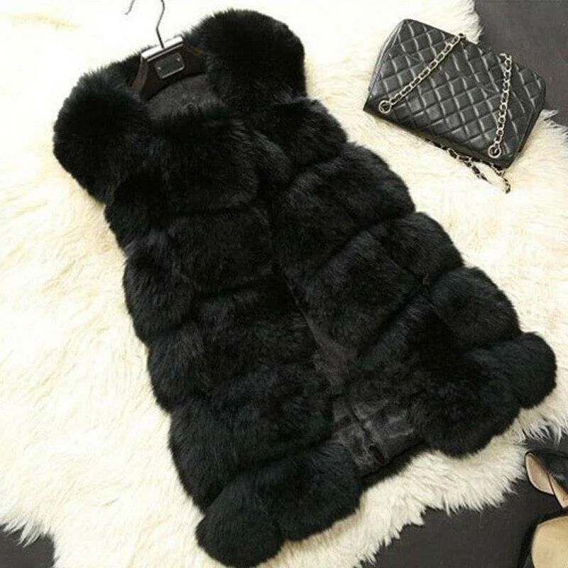 FTLZZ Winter Women Faux Fur Coats New Warm Slim Sleeveless Faux Fox Fur Vest Casual Jacket Female Elegant Black White Casaco 1026