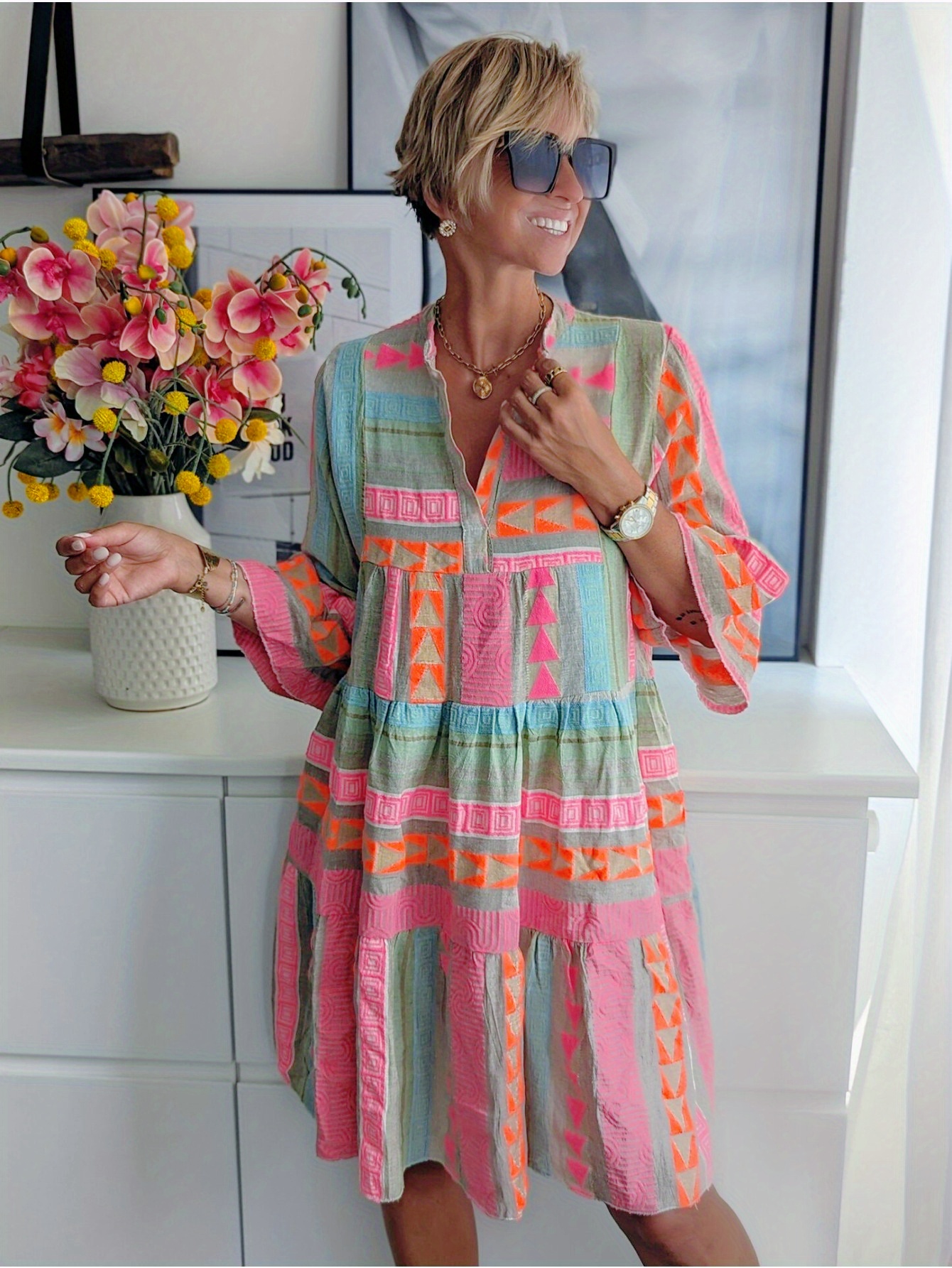 Bohemian Style V-Neck Seven Quarter Flared Sleeve Contrasting Dress, Loose And Comfortable Casual Mid Length Skirt, Suitable For Women's Daily Wear In Spring, Summer And Autumn | IFYHOME