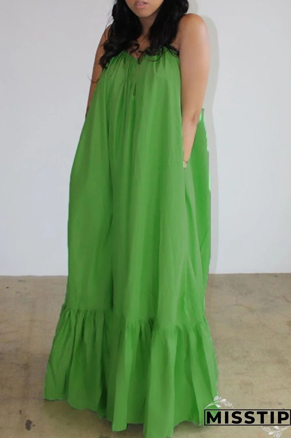Green Sexy Casual Solid Backless Spaghetti Strap Loose Sling Dress