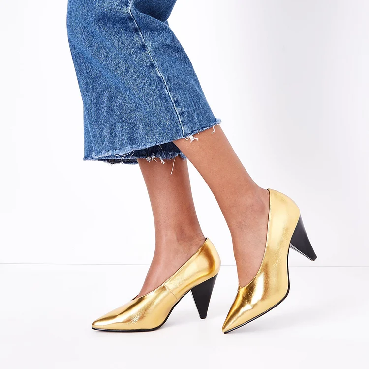 Black and Gold Metallic Heels Pointy Toe Cone Heel Pumps |FSJ Shoes