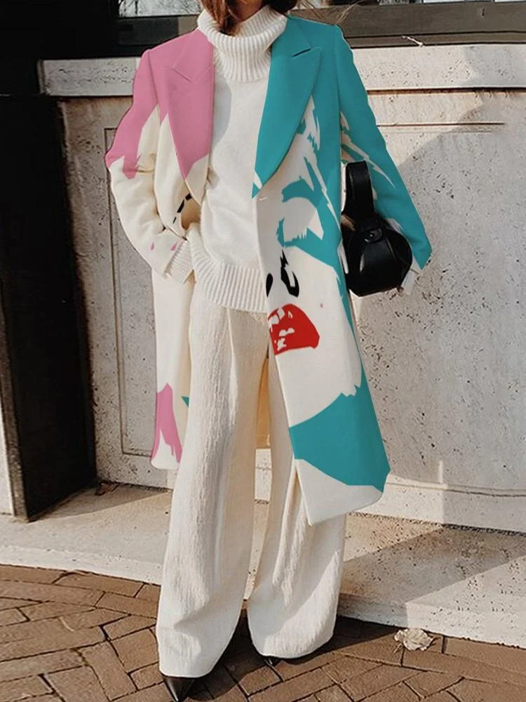Trendy Printed Hit Color Woolen Longline Collared Coat
